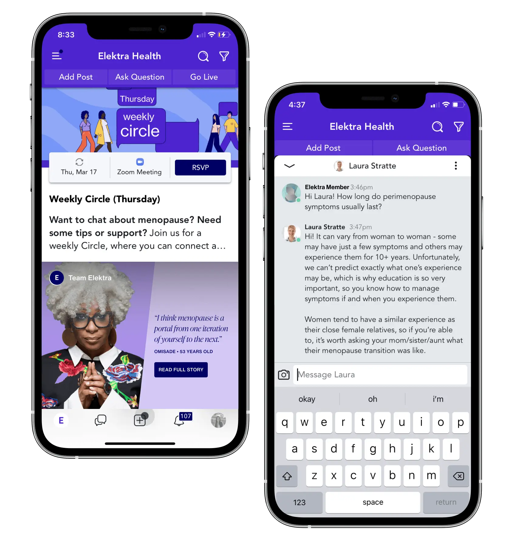 two iphone screens showing the education and community on Elektra's platform